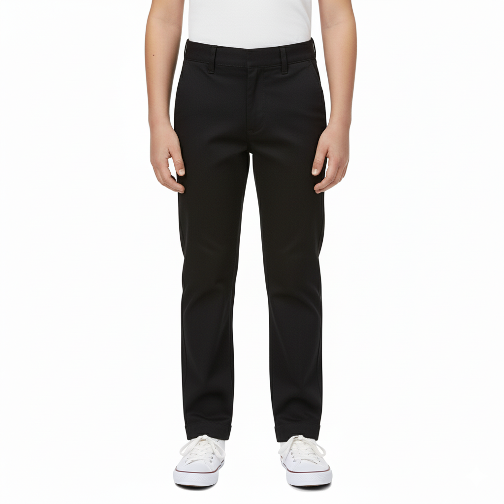 Boys Uniform Pants – Classic Flat Front School Dress Pants with Adjustable Waist, Durable Twill, Black BU02
