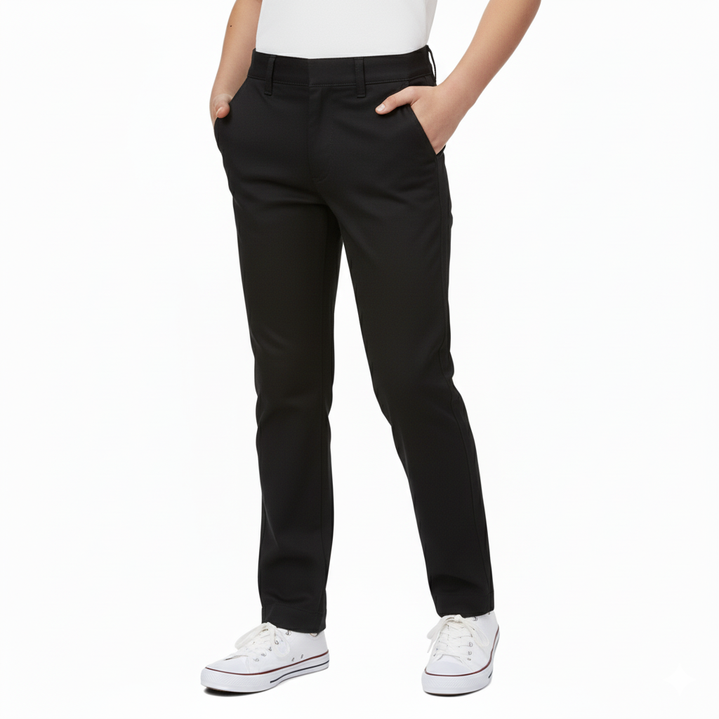 Boys Uniform Pants – Classic Flat Front School Dress Pants with Adjustable Waist, Durable Twill, Black BU02
