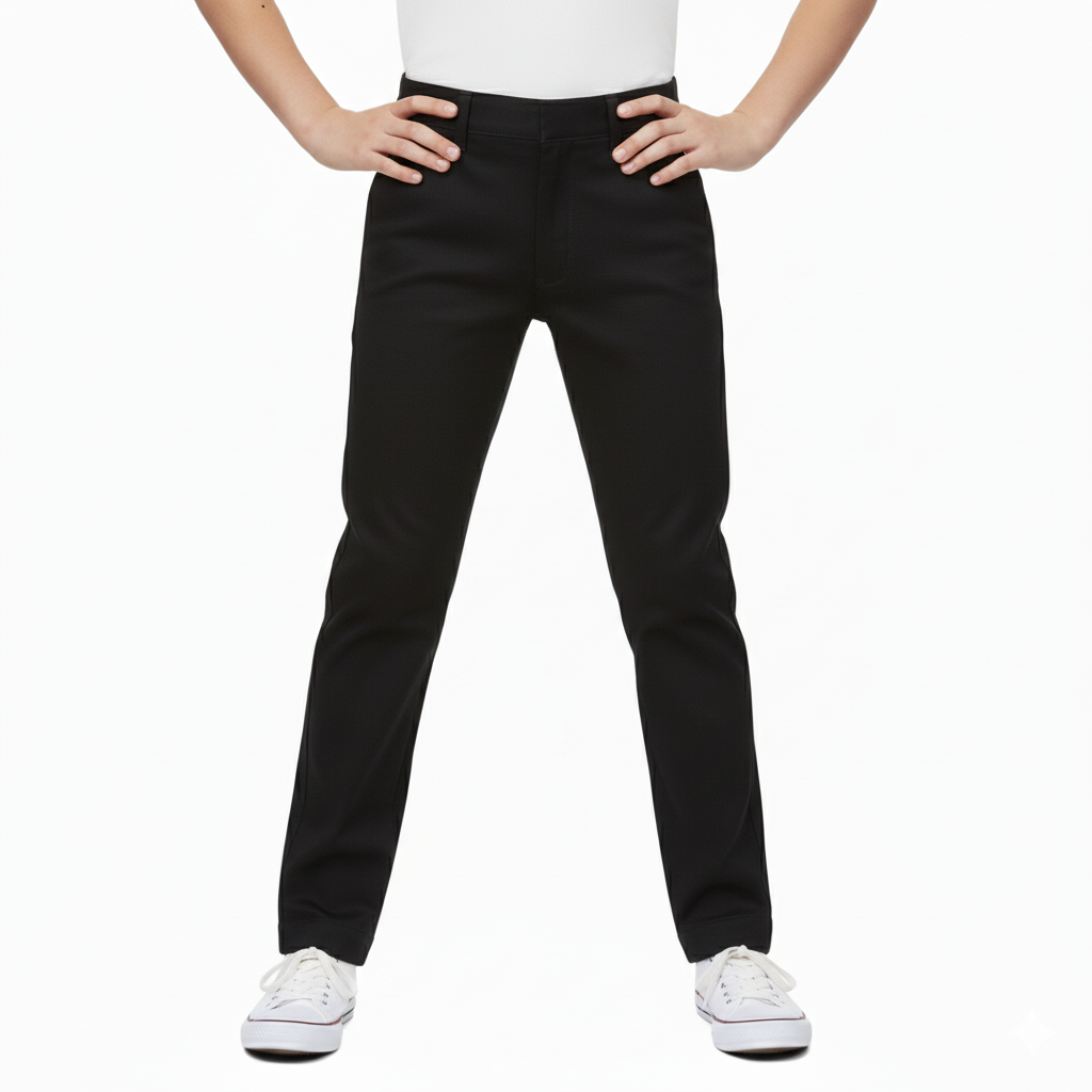 Boys Uniform Pants – Classic Flat Front School Dress Pants with Adjustable Waist, Durable Twill, Black BU02
