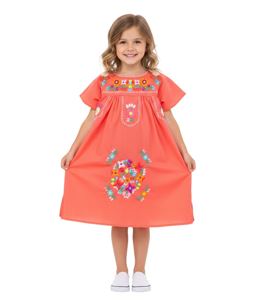 Unik Traditional Mexican Girl Embroidered Dress Coral DR1948