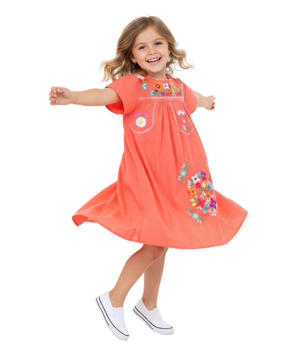 Unik Traditional Mexican Girl Embroidered Dress Coral DR1948