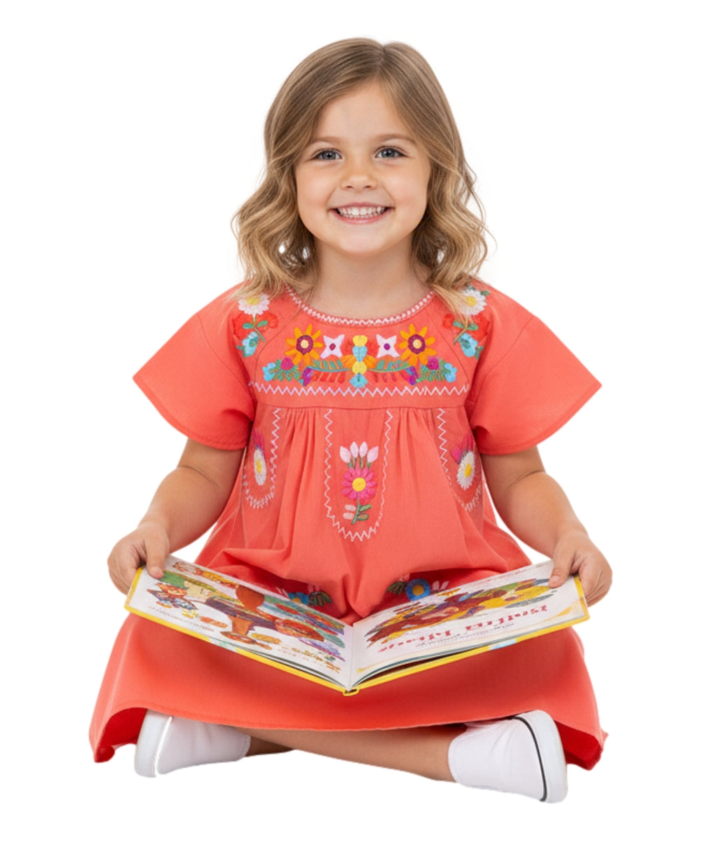 Unik Traditional Mexican Girl Embroidered Dress Coral DR1948