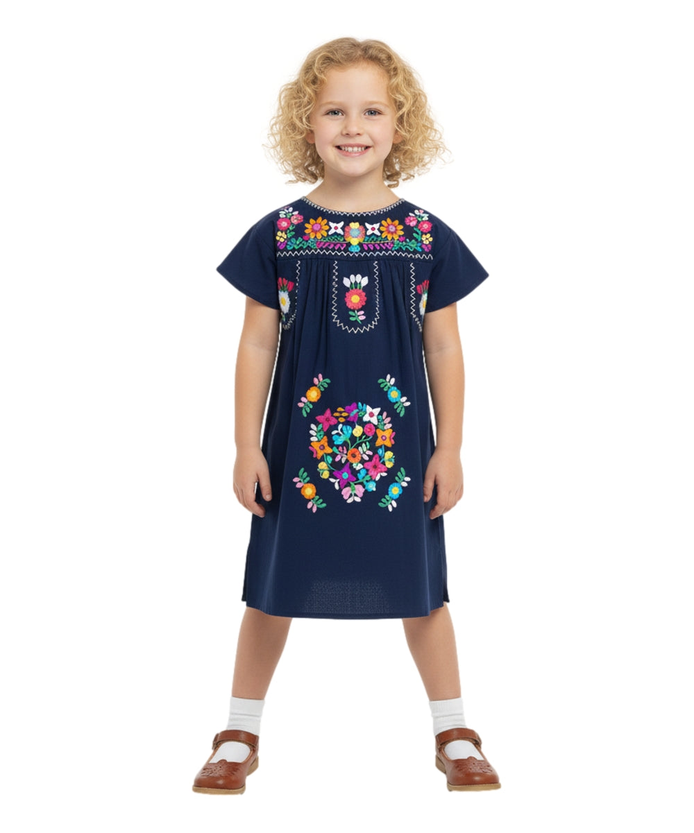 Unik Traditional Mexican Girl Embroidered Dress Navy DR1948