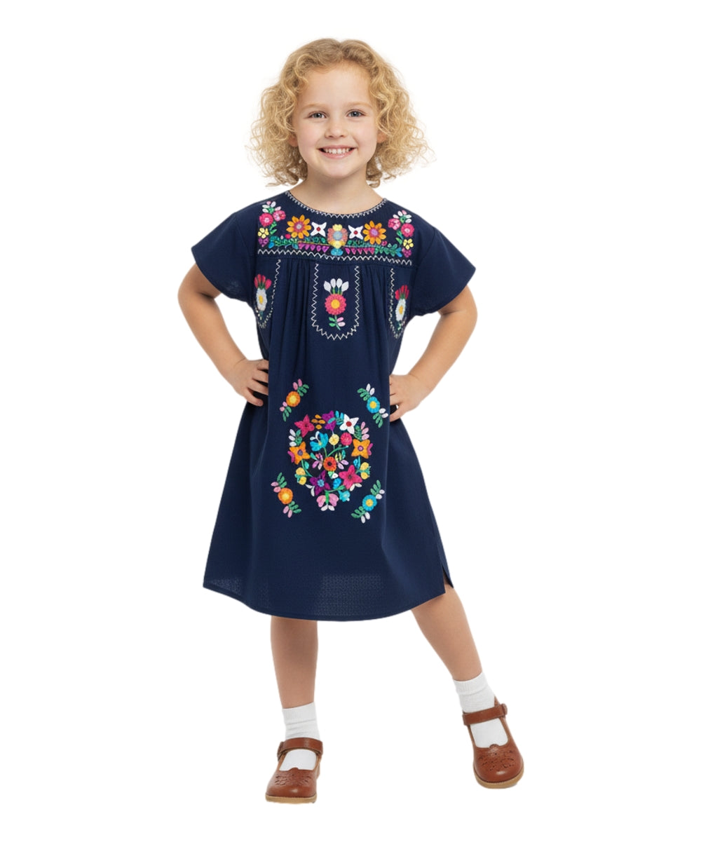 Unik Traditional Mexican Girl Embroidered Dress Navy DR1948