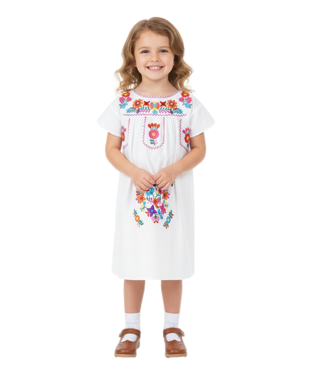 Unik Traditional Mexican Girl Embroidered Dress White DR1948