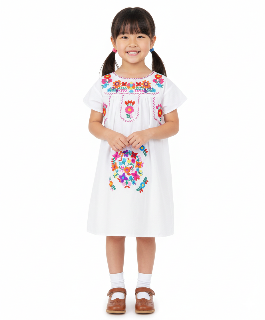 Unik Traditional Mexican Girl Embroidered Dress White DR1948