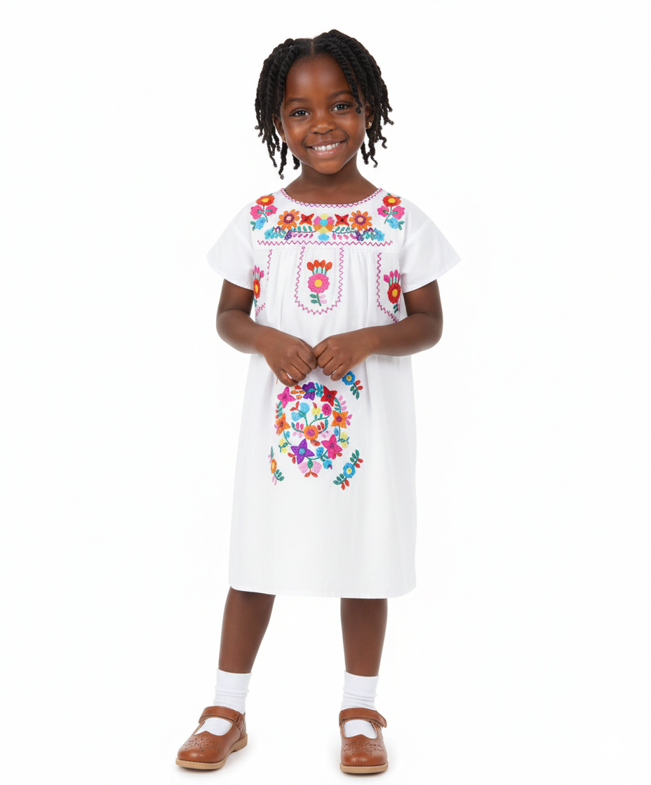 Unik Traditional Mexican Girl Embroidered Dress White DR1948