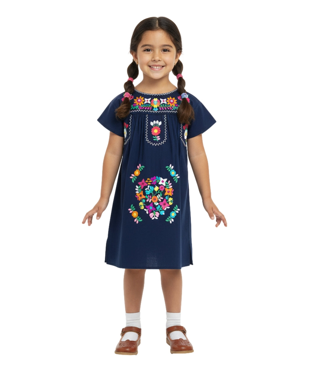 Unik Traditional Mexican Girl Embroidered Dress Navy DR1948