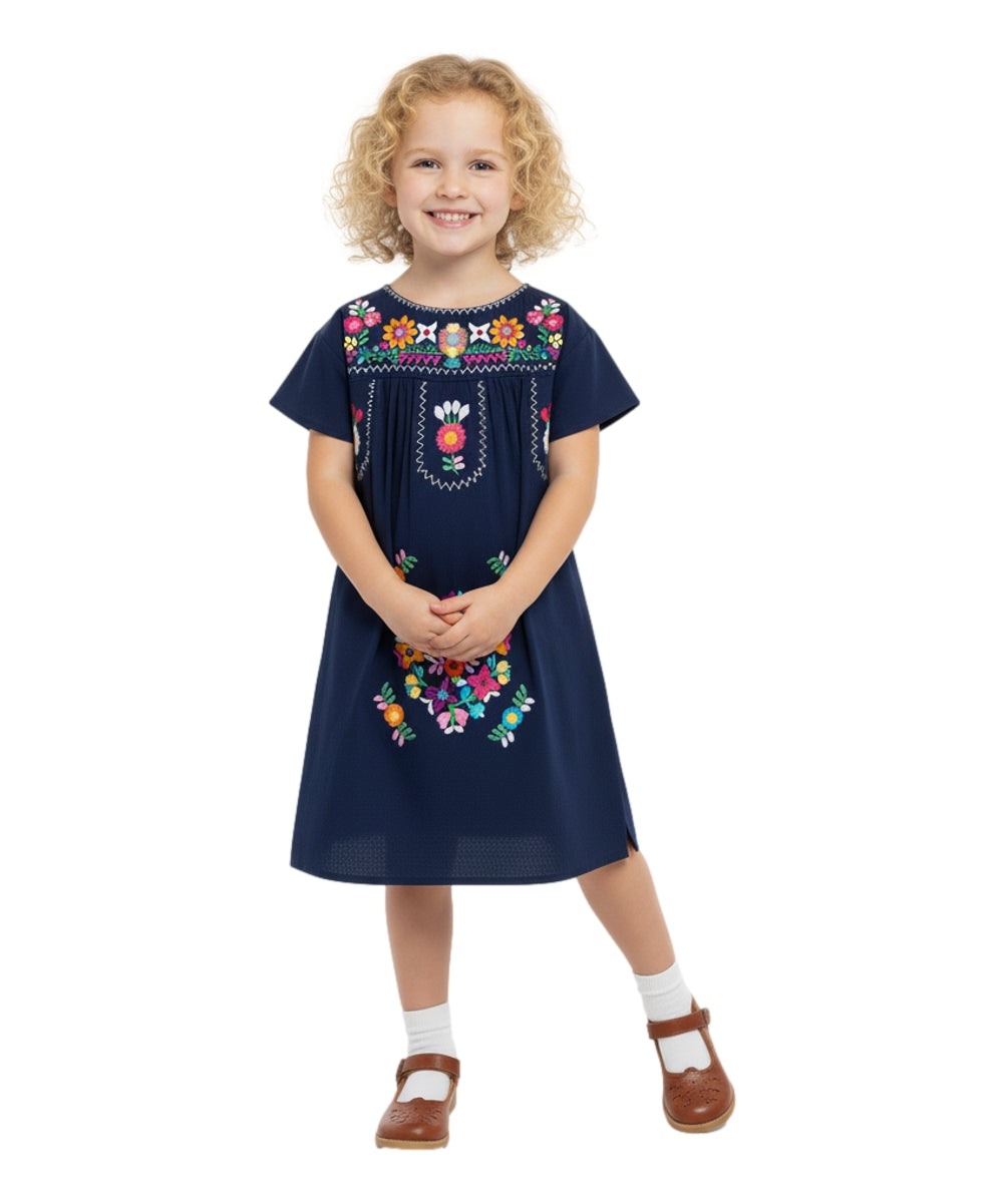 Unik Traditional Mexican Girl Embroidered Dress Navy DR1948