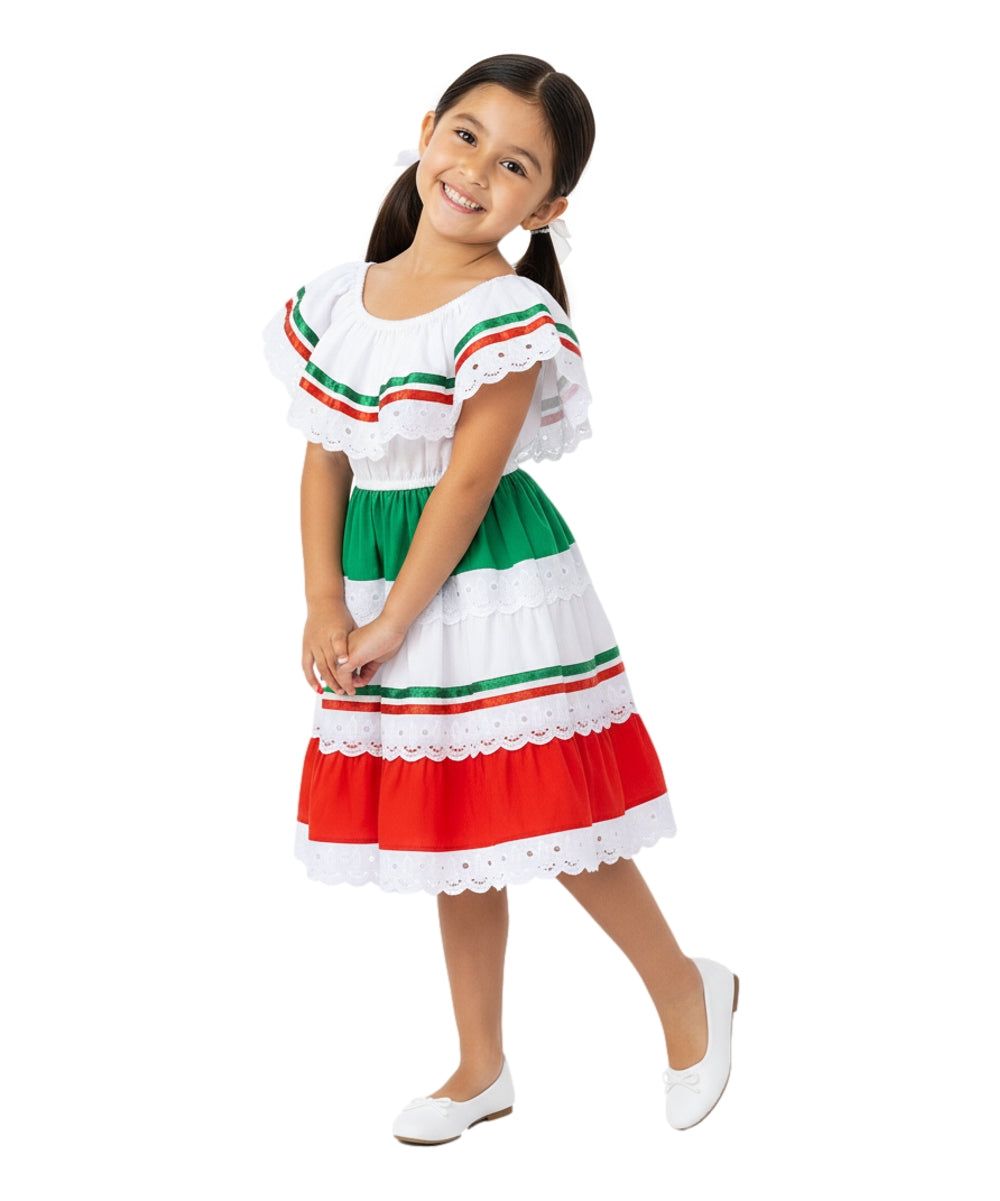 Girl's Traditional Mexican Cinco De Mayo Fiesta Dress Red/Green DR1949