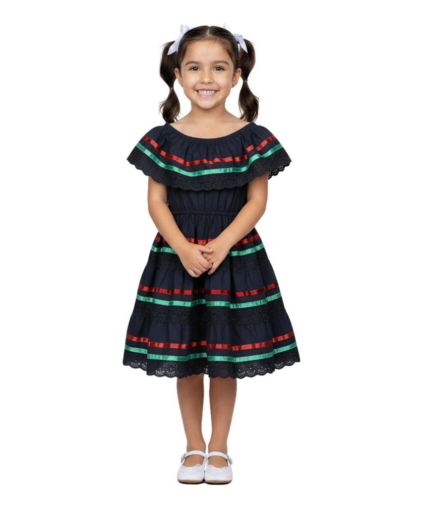 Girl's Traditional Mexican Cinco De Mayo Fiesta Dress Black DR1949