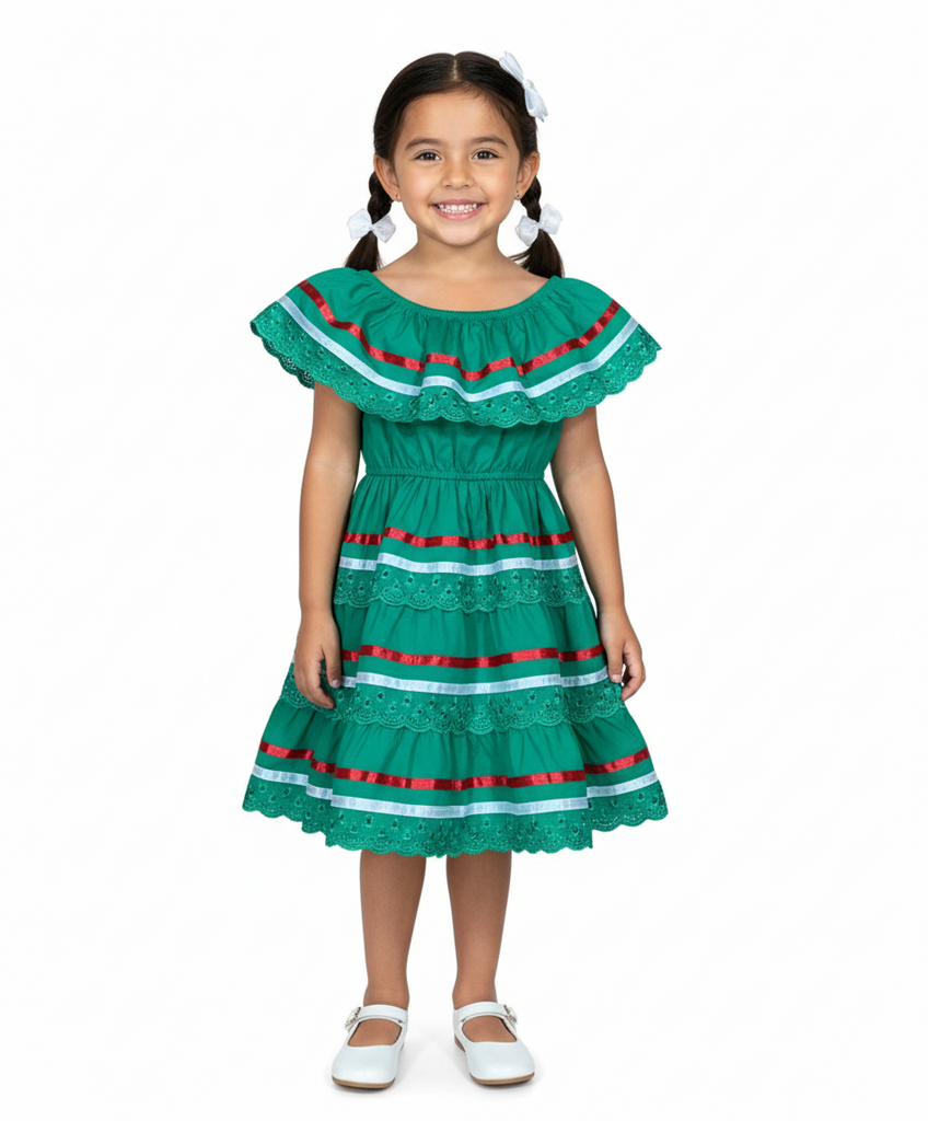 Girl's Traditional Mexican Cinco De Mayo Fiesta Dress Green X DR1949