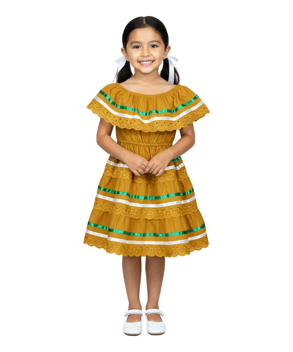 Girl's Traditional Mexican Cinco De Mayo Fiesta Dress Yellow/Red DR1949