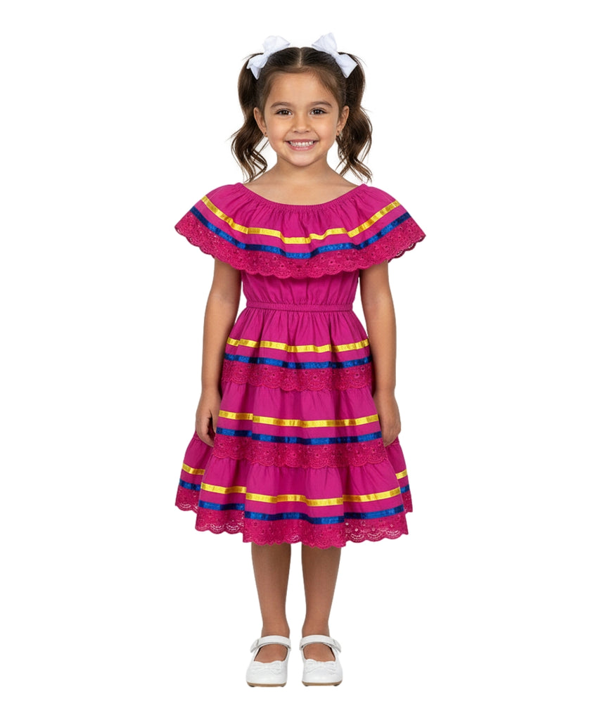 Girl's Traditional Mexican Cinco De Mayo Fiesta Dress Pink DR1949