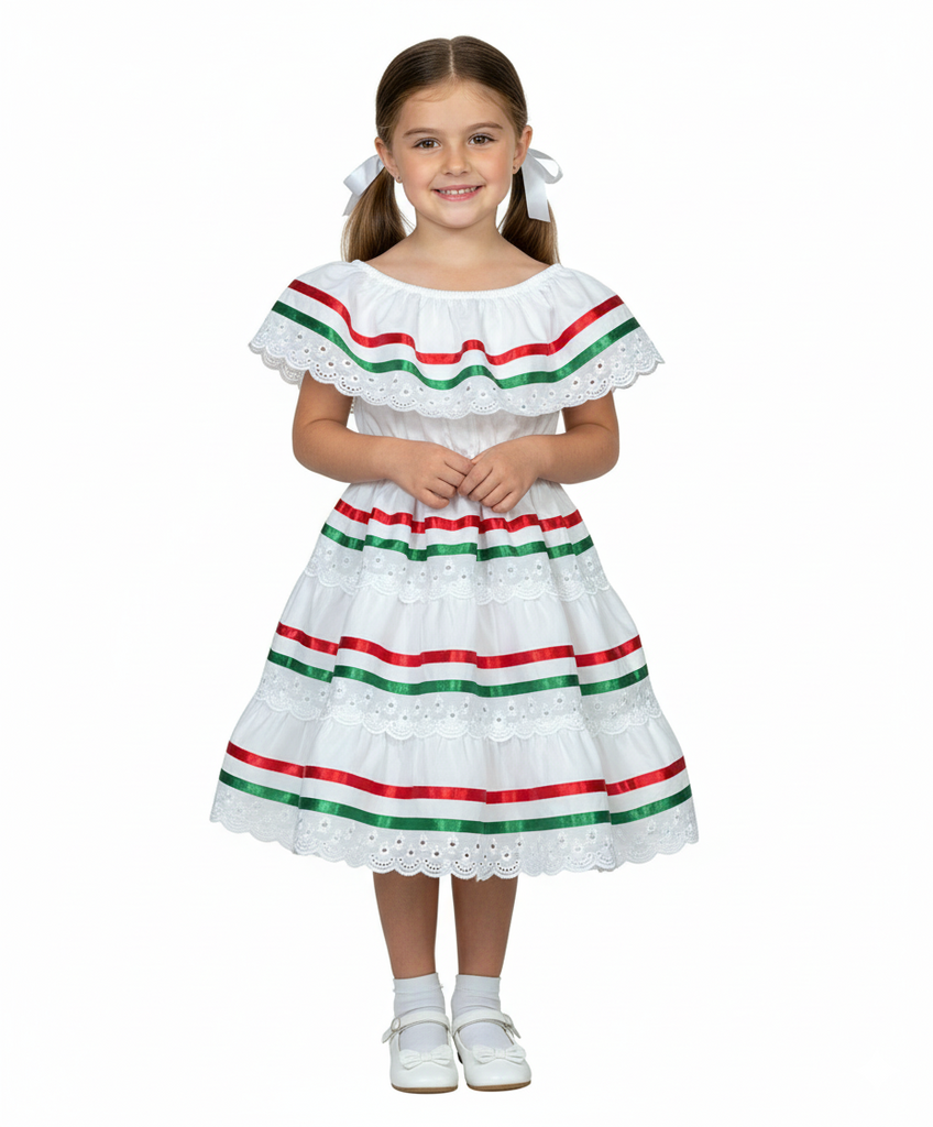 Girl's White Traditional Mexican Cinco De Mayo Fiesta Dress 2-14