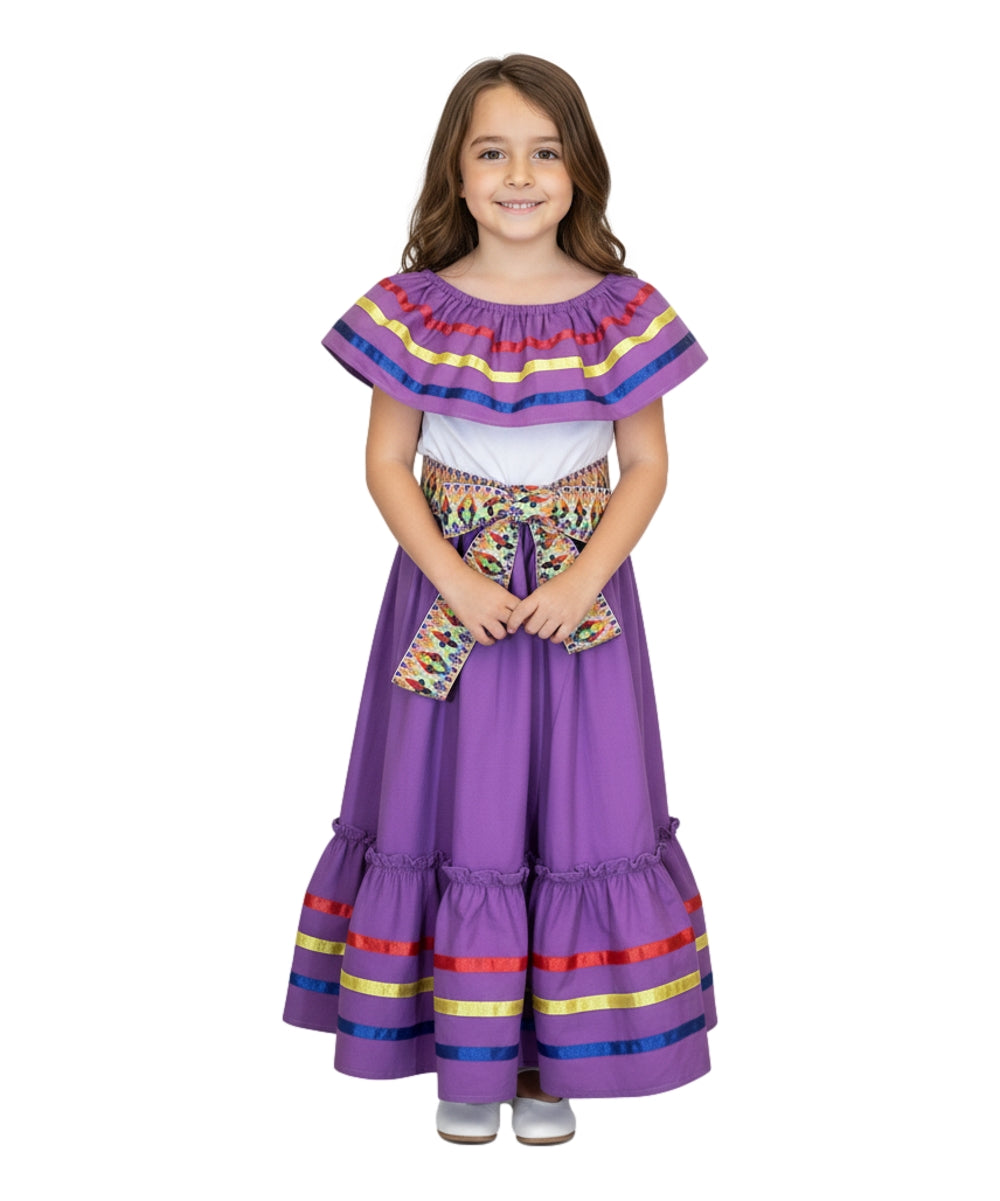 Girls Traditional Mexican Folkloric Dress with Colorful Ribbon Trim Black Pink DR2031