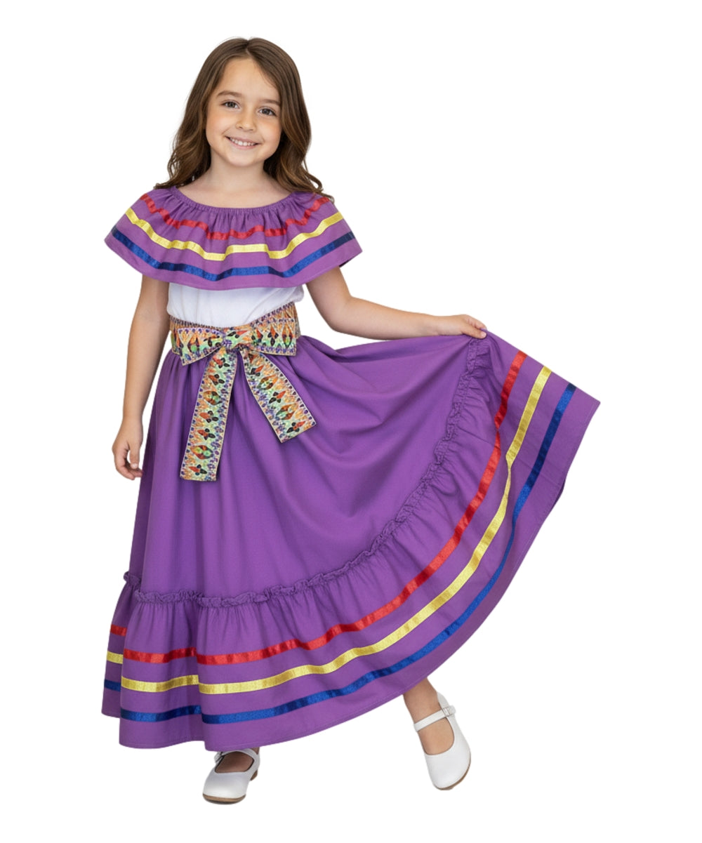 Girls Traditional Mexican Folkloric Dress with Colorful Ribbon Trim Black Pink DR2031