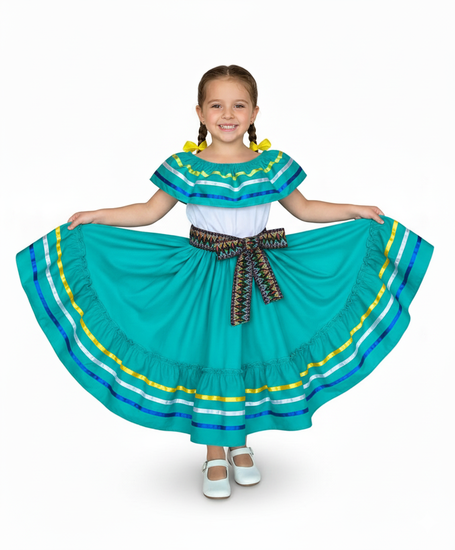 Girls Traditional Mexican Folkloric Dress with Colorful Ribbon Trim Black Pink DR2031