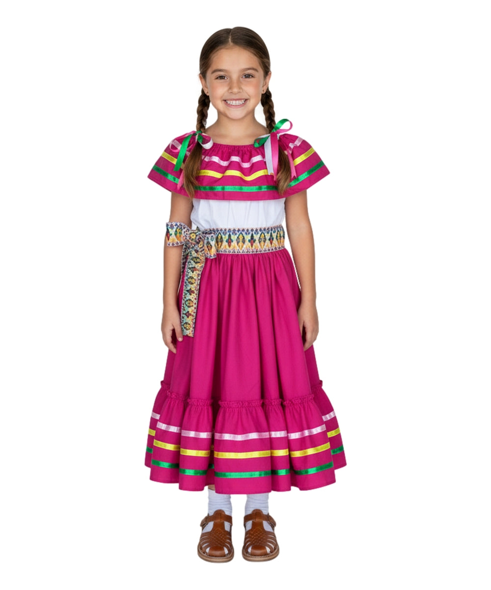 Girls Traditional Mexican Folkloric Dress with Colorful Ribbon Trim Black Pink DR2031