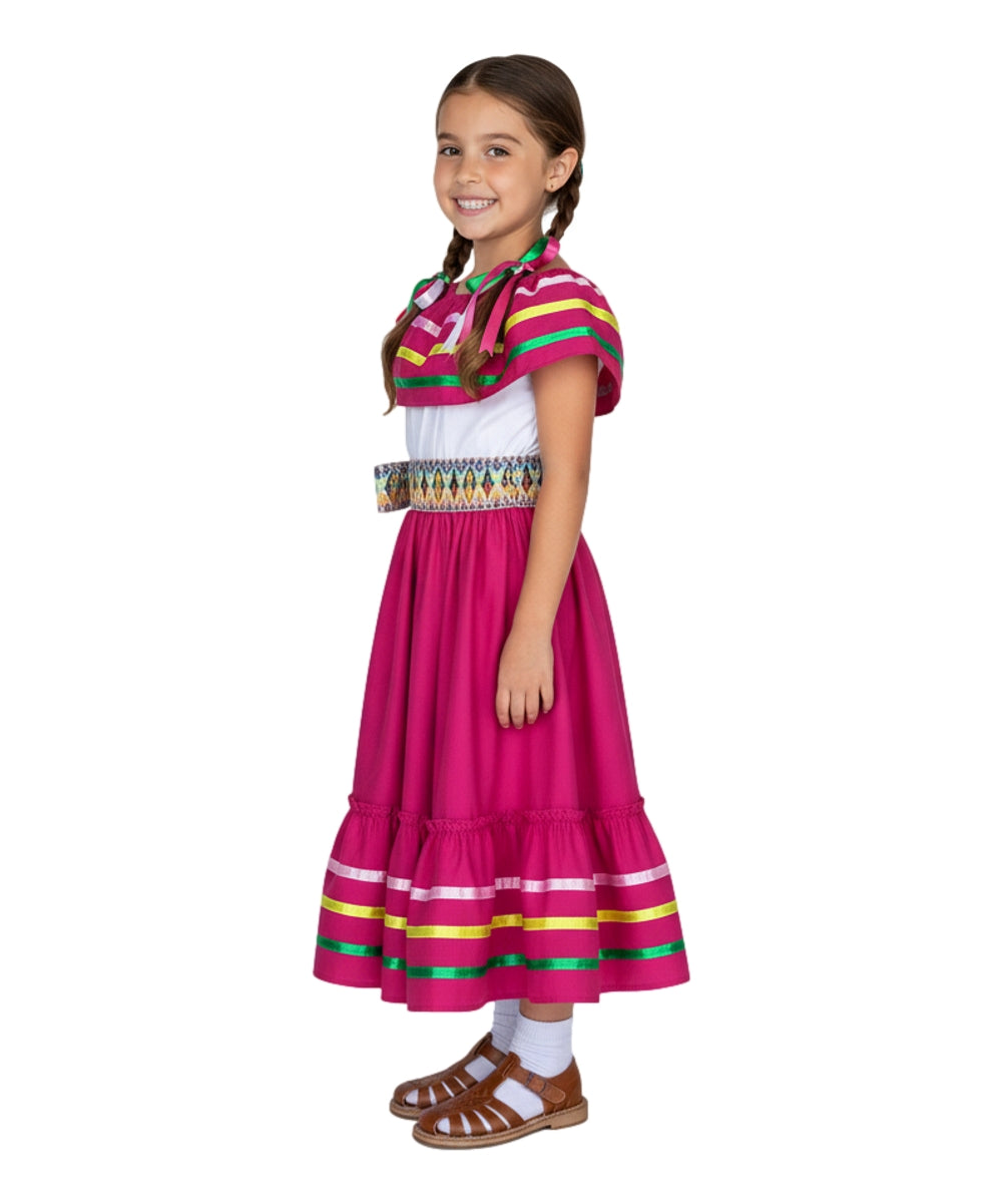 Girls Traditional Mexican Folkloric Dress with Colorful Ribbon Trim Black Pink DR2031