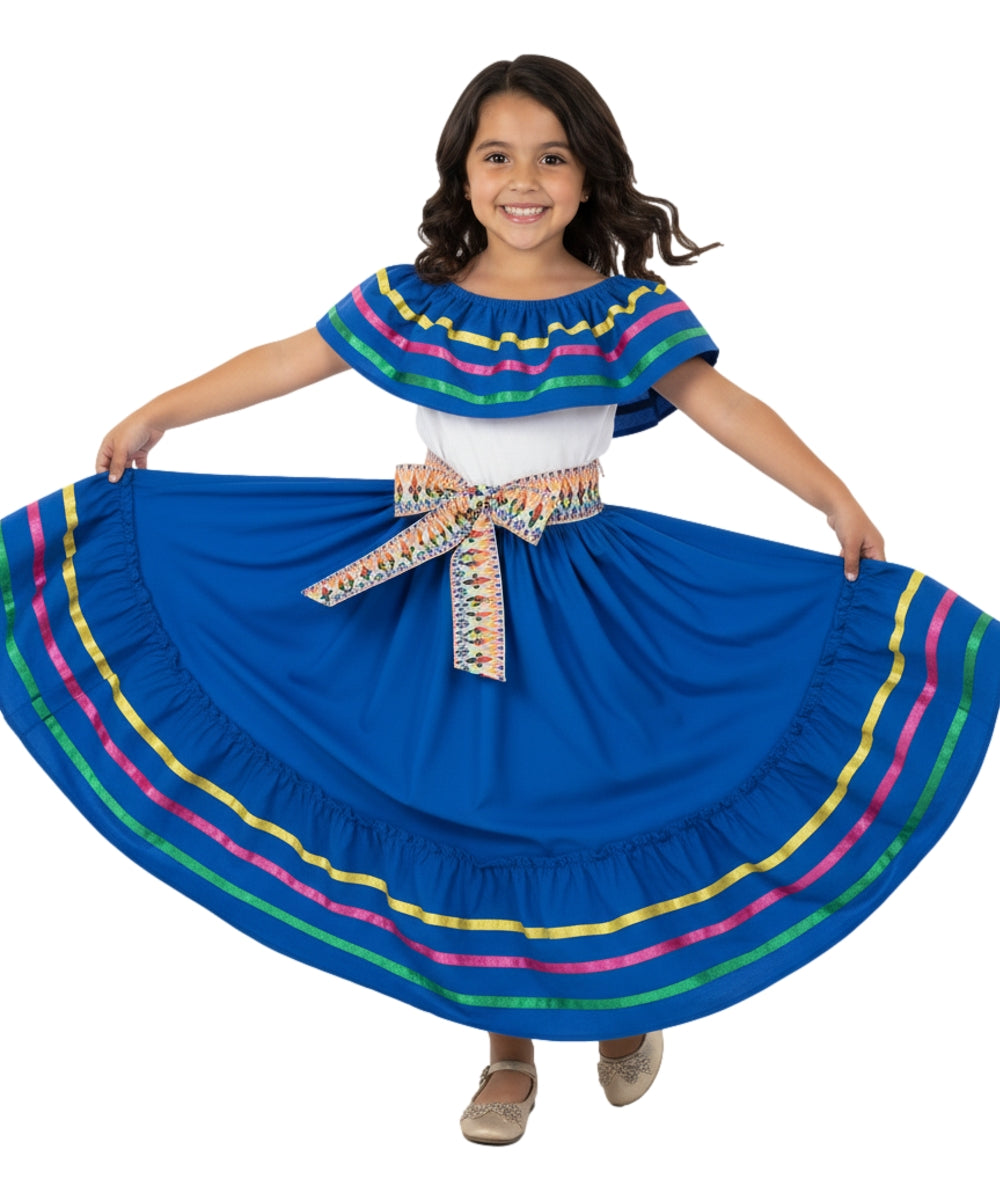 Girls Traditional Mexican Folkloric Dress with Colorful Ribbon Trim Black Pink DR2031