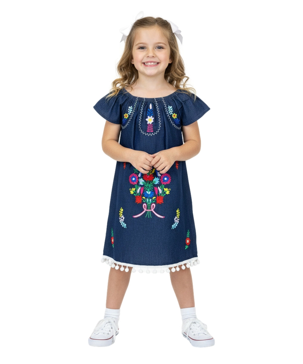 Unik Little Girls Mexican Embroidered Dress Chambray DR2141