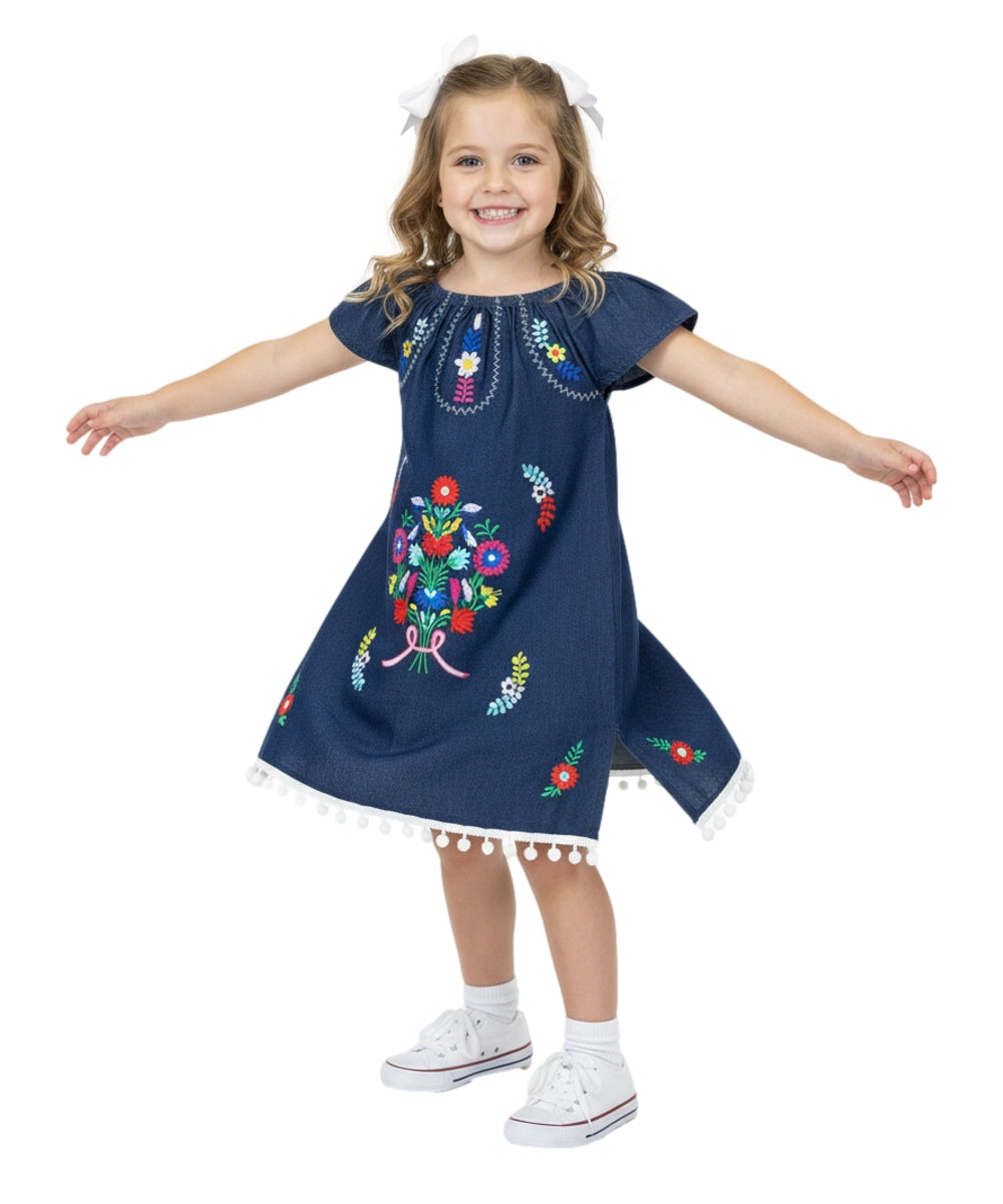 Unik Little Girls Mexican Embroidered Dress Chambray DR2141