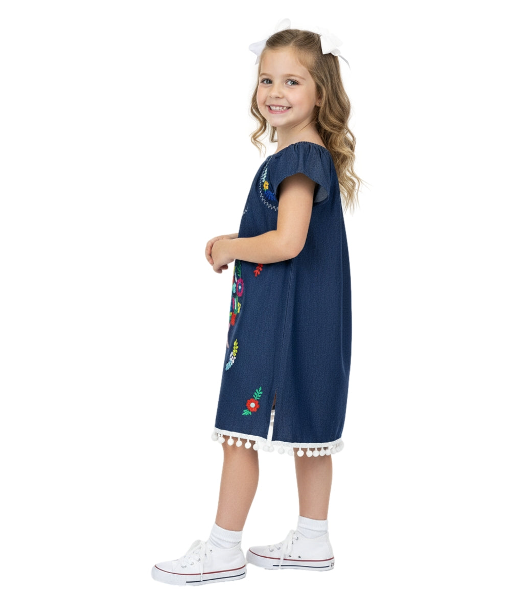 Unik Little Girls Mexican Embroidered Dress Chambray DR2141