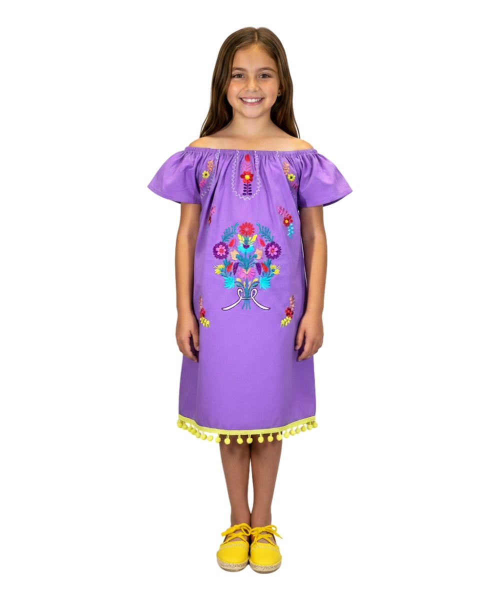 Unik Little Girls Mexican Embroidered Dress Lilac DR2141