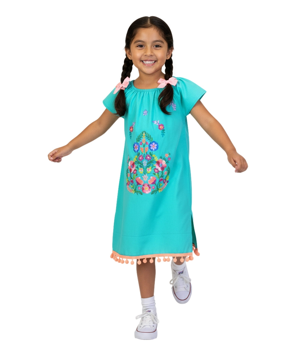 Unik Little Girls Mexican Embroidered Dress Mint DR2141