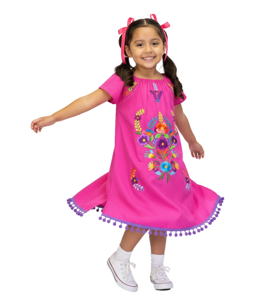 Unik Little Girls Mexican Embroidered Dress Pink DR2141
