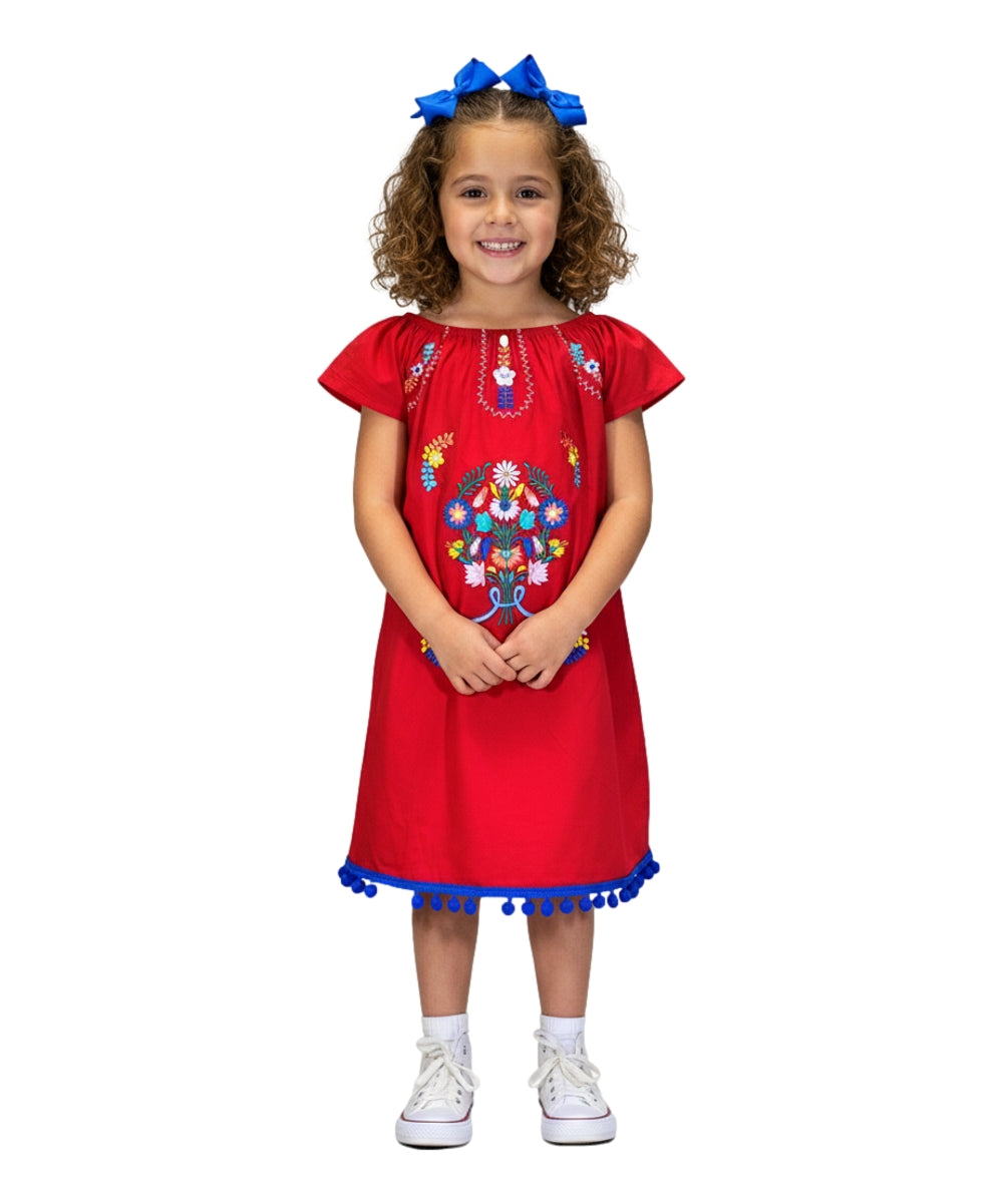 Unik Little Girls Mexican Embroidered Dress Red DR2141