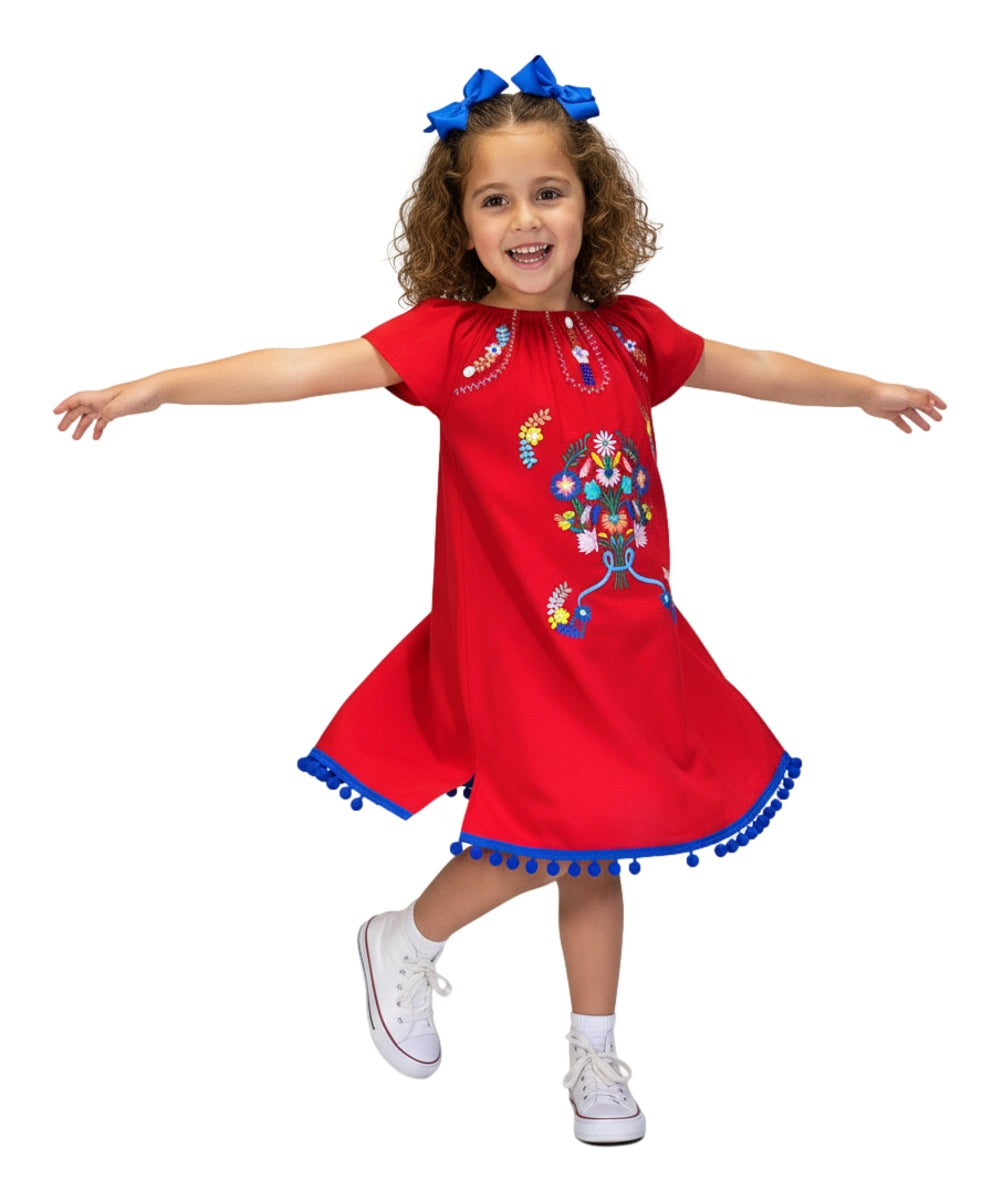 Unik Little Girls Mexican Embroidered Dress Red DR2141