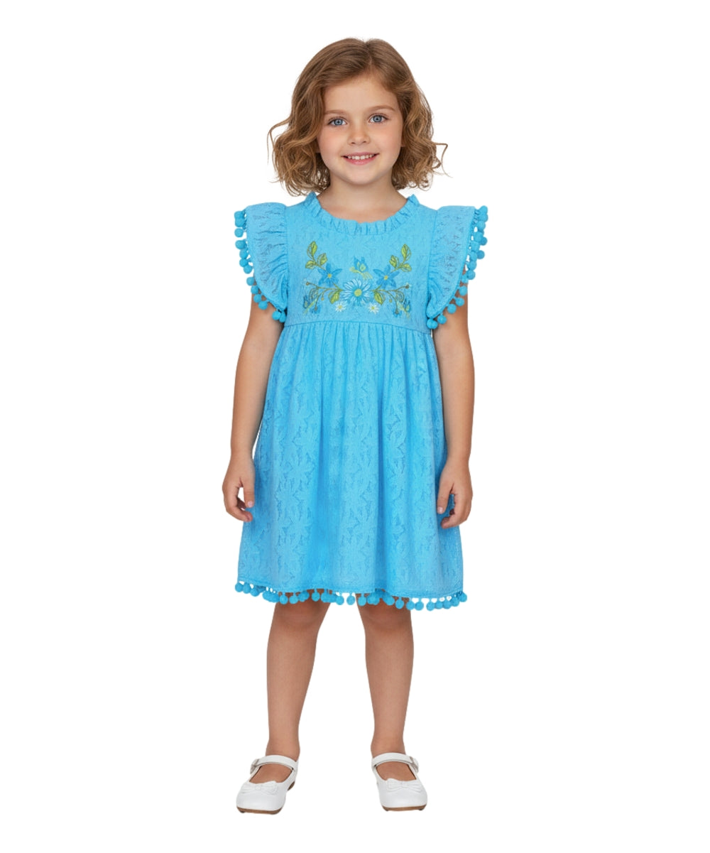 Ultra soft Lace and Pom Pom Embroidered Dress Aqua DR2232