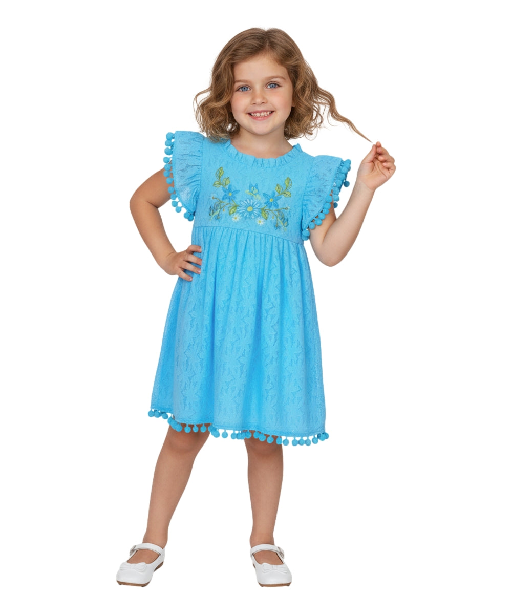 Ultra soft Lace and Pom Pom Embroidered Dress Aqua DR2232