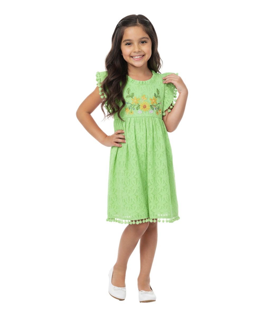 Ultra soft Lace and Pom Pom Embroidered Dress Lime DR2232