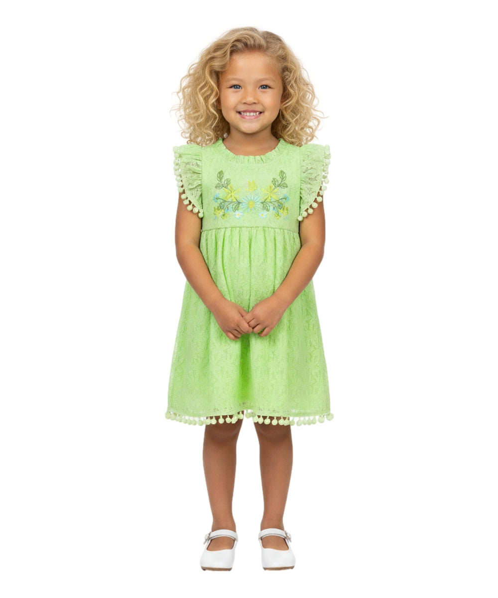 Ultra soft Lace and Pom Pom Embroidered Dress Lime DR2232