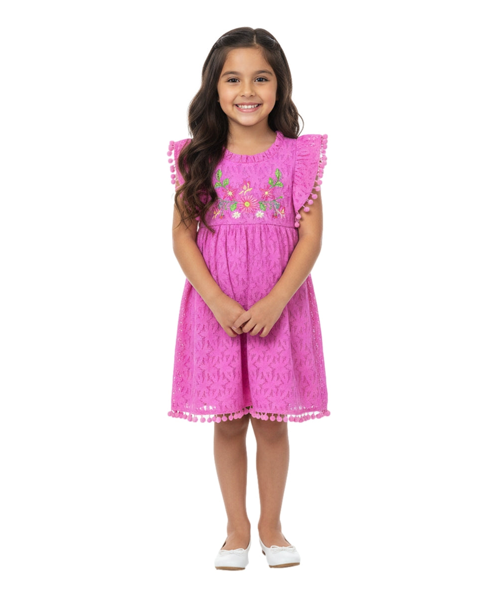 Ultra soft Lace and Pom Pom Embroidered Dress Pink DR2232