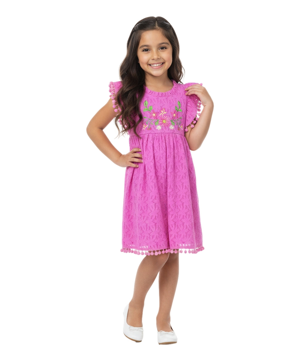 Ultra soft Lace and Pom Pom Embroidered Dress Pink DR2232