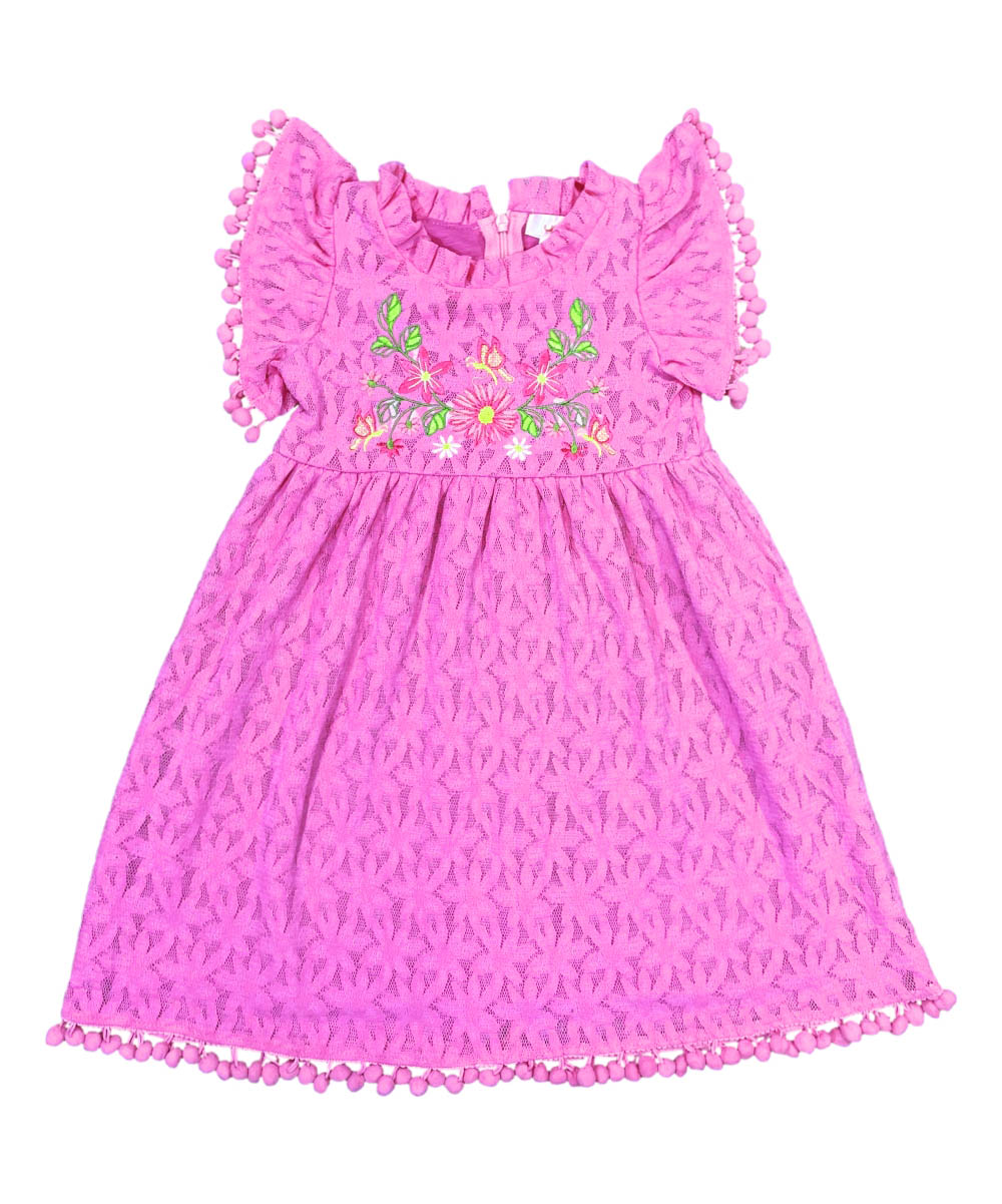 Ultra soft Lace and Pom Pom Embroidered Dress Pink DR2232