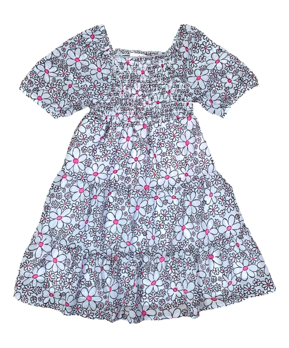 Girl Lined Chiffon Multi Tier Short Sleeve Dress Pink N White DR2234