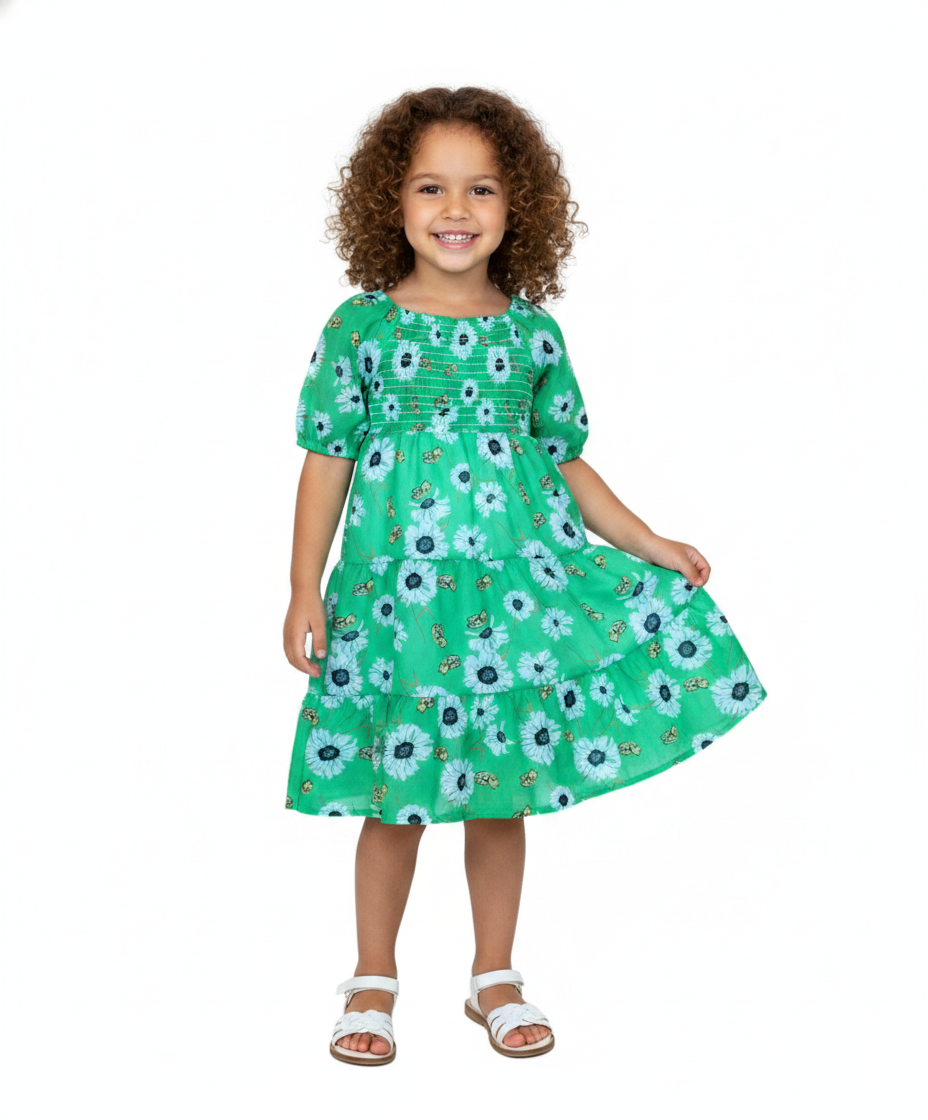 Girl Lined Chiffon Multi Tier Short Sleeve Dress Lime Sunflower DR2234