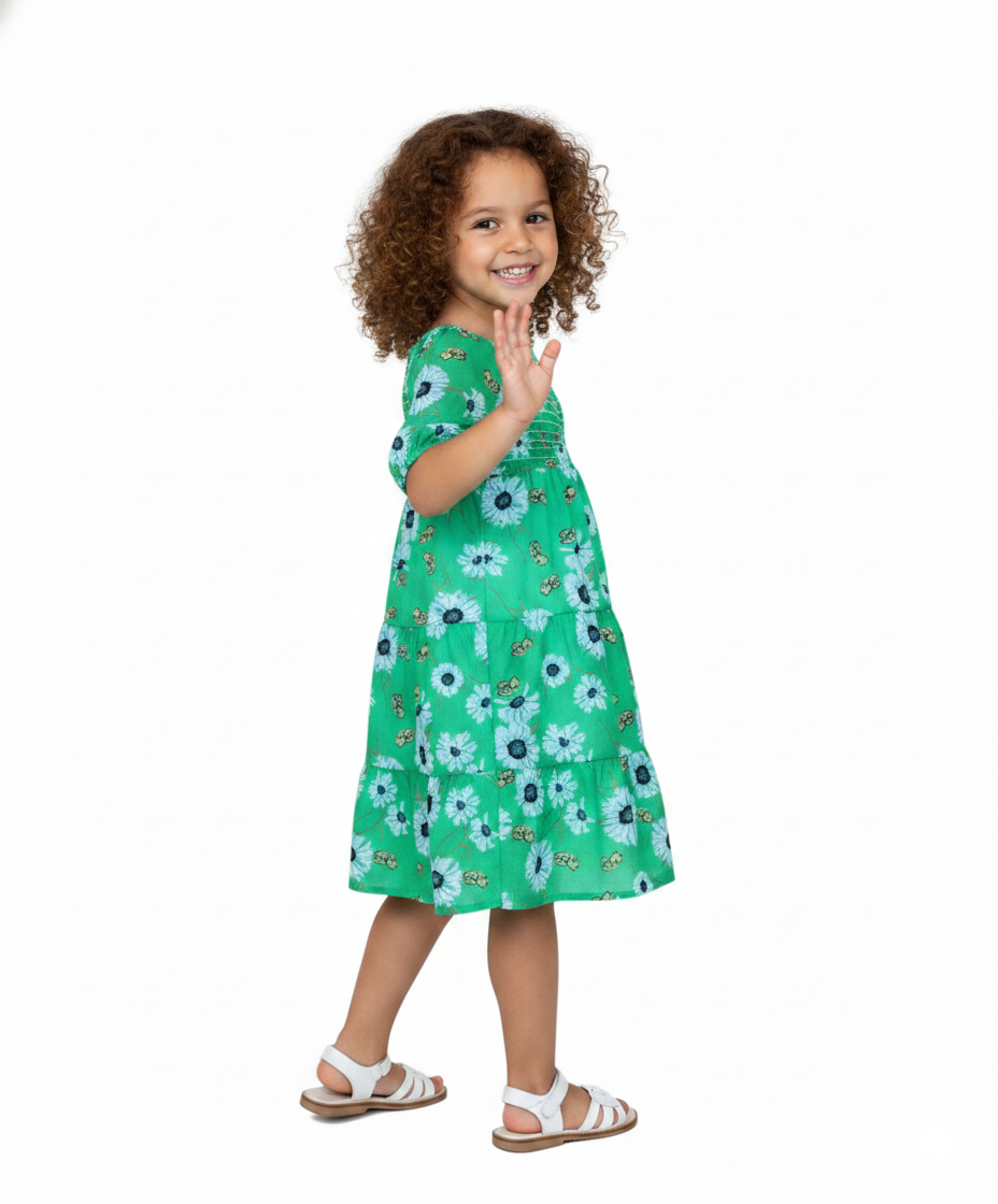 Girl Lined Chiffon Multi Tier Short Sleeve Dress Lime Sunflower DR2234