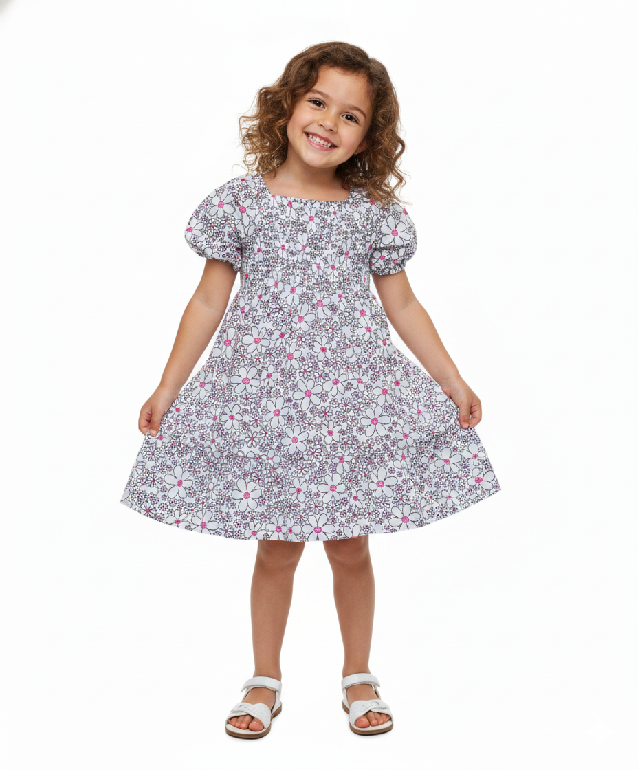 Girl Lined Chiffon Multi Tier Short Sleeve Dress Pink N White DR2234