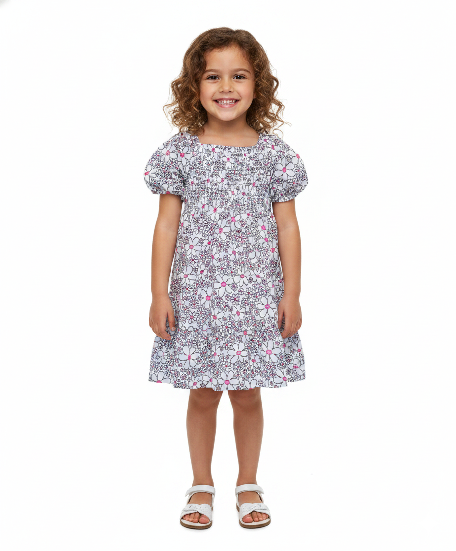 Girl Lined Chiffon Multi Tier Short Sleeve Dress Pink N White DR2234