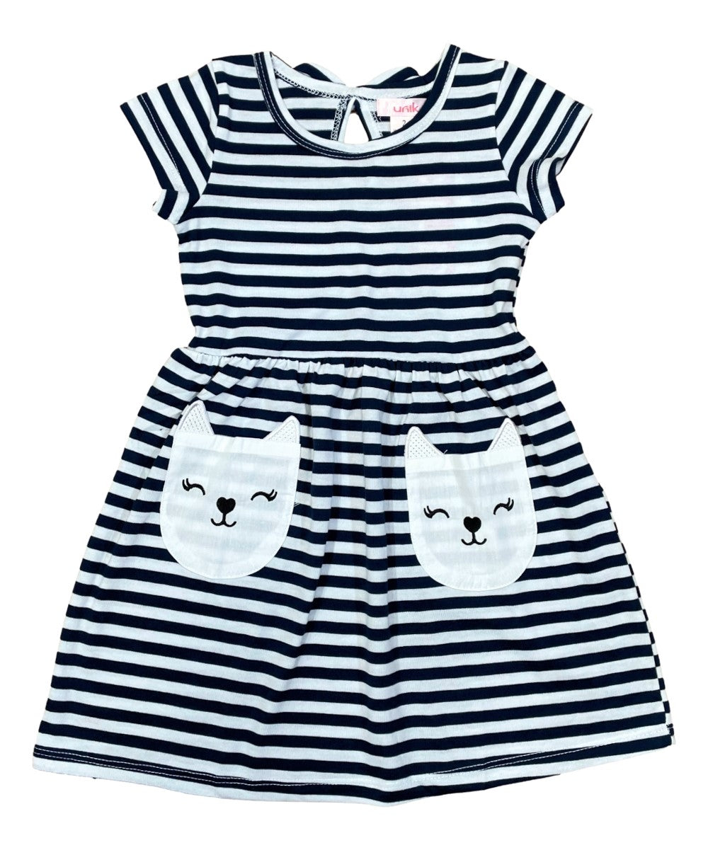 Stripe Kitty Cat Pocket Dress Navy DR2236