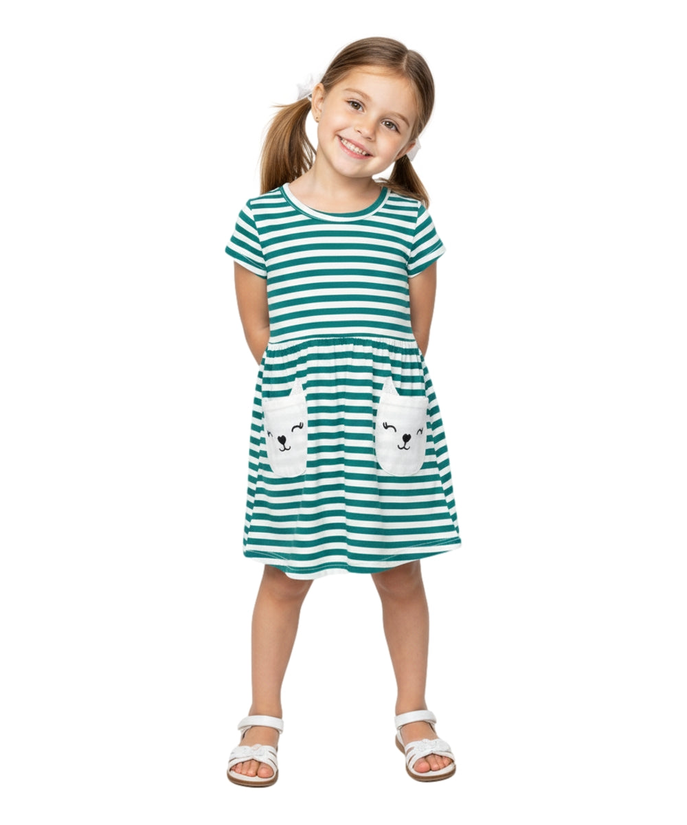 Stripe Kitty Cat Pocket Dress Mint DR2236