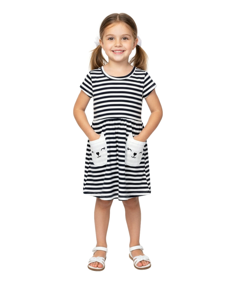 Stripe Kitty Cat Pocket Dress Navy DR2236
