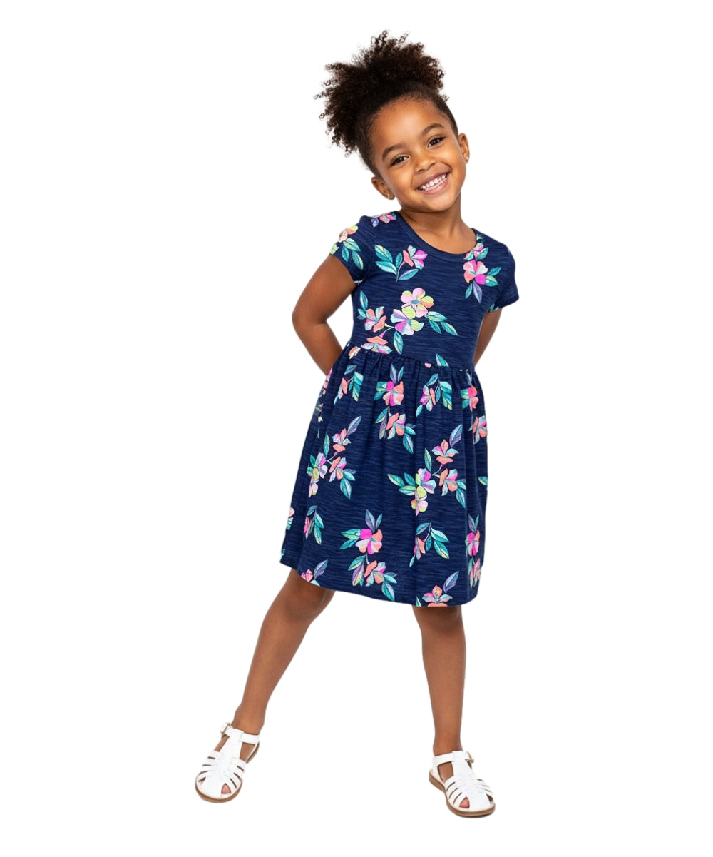 Tropical Fun Floral Cotton Dress Navy Fuchsia DR2237