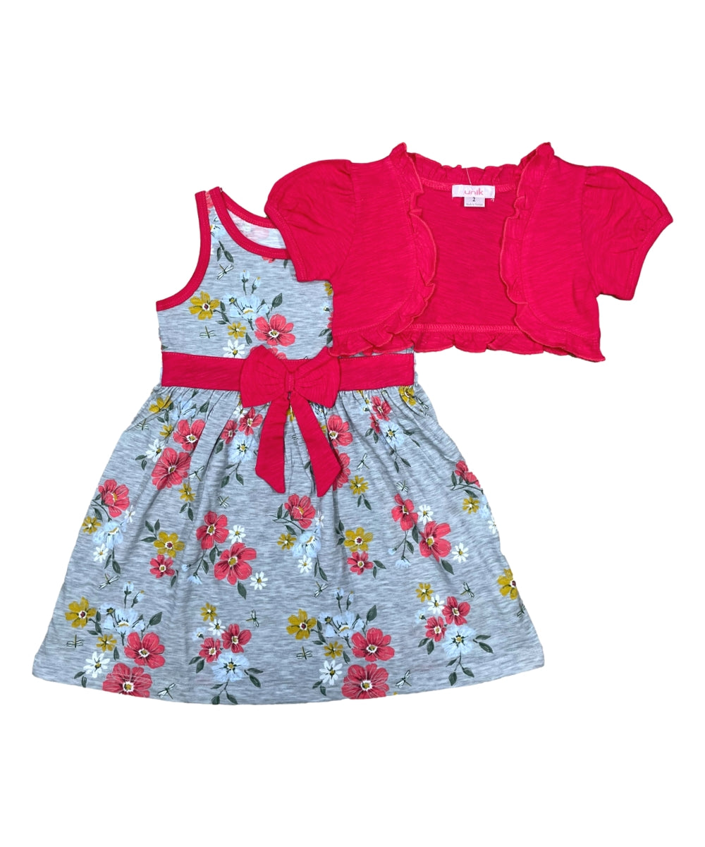 Cotton Tropical Dress with Removable Cardigan Coral Grey DR2238